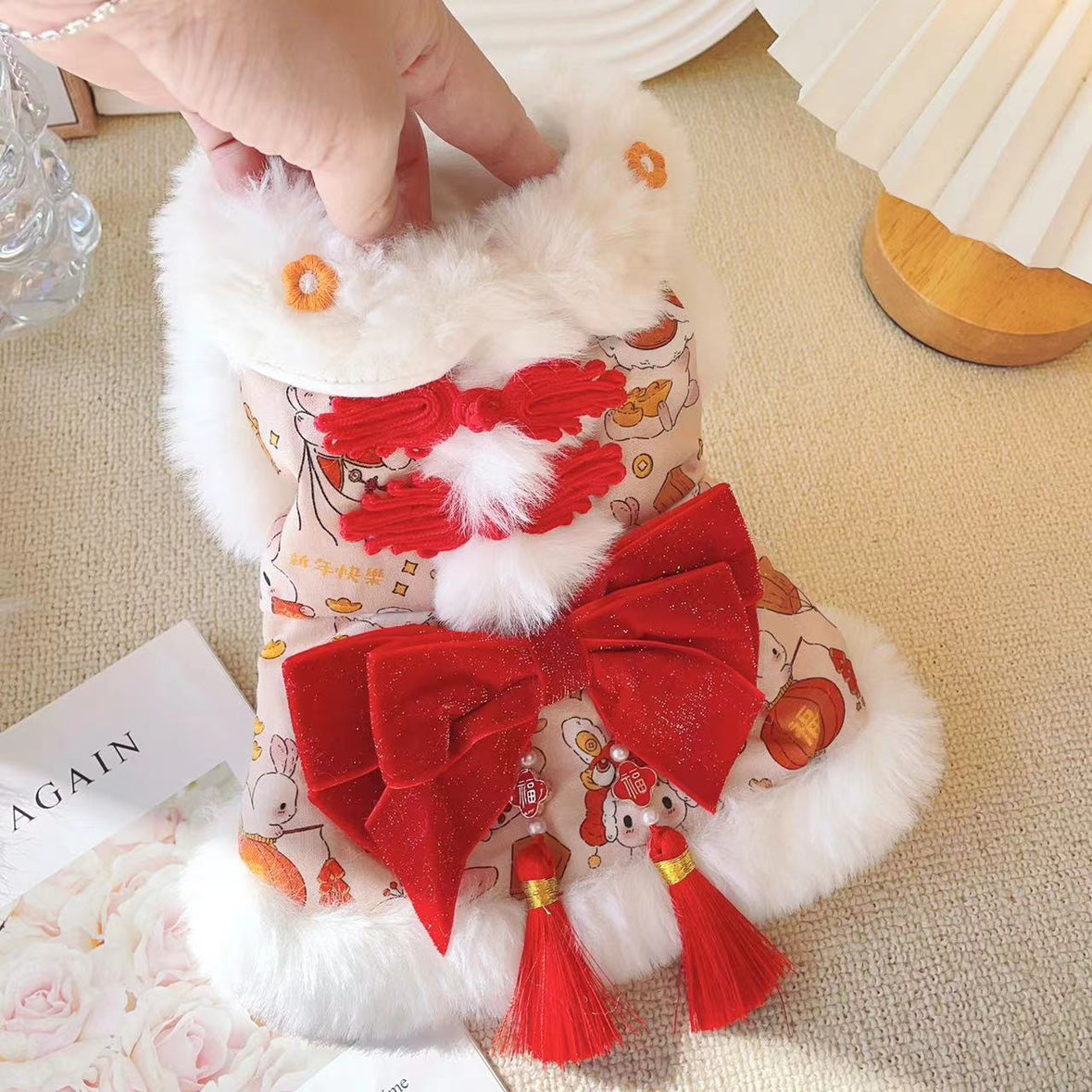 Spring Pet Small Skirt Clothes Princess Tassel Lace Tang Suit Group Pet Clothes New Year Festive Gift Box