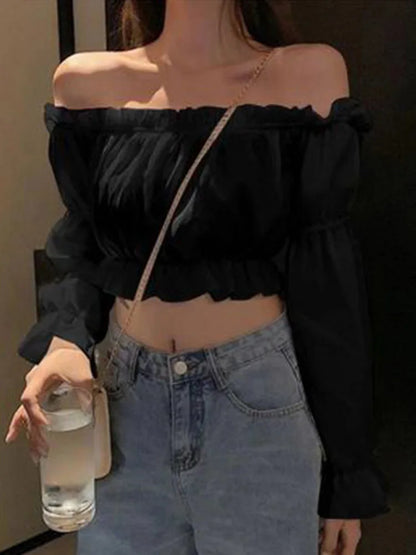 Women Top Sexy Blouse Off Shoulder Top Long Sleeve Solid Color White Shirt Puff Sleeve Ruffle Tunic Crop Top Summer Tube Top