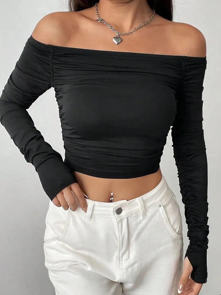 New line shoulder mesh long sleeve T-shirt women with slim-fit hottie sexy explosion street wear short top