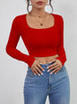 Slim fit short sexy top with exposed navel casual long sleeved solid color T-shirt square neck vest women's clothing