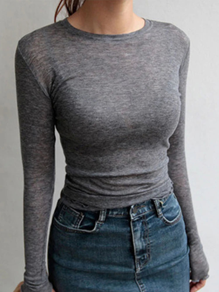 High Quality Plain T Shirt Women Cotton Elastic Basic T-shirts Female Casual Tops Long Sleeve Sexy Thin T-shirt see through