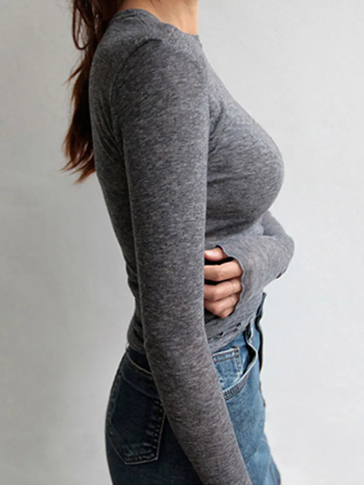 High Quality Plain T Shirt Women Cotton Elastic Basic T-shirts Female Casual Tops Long Sleeve Sexy Thin T-shirt see through