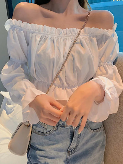 Women Top Sexy Blouse Off Shoulder Top Long Sleeve Solid Color White Shirt Puff Sleeve Ruffle Tunic Crop Top Summer Tube Top