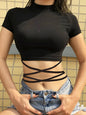 2022 Summer Women Black Short T-Shirts Sexy Crop Tops Short Sleeve Bandage Tee Tops Female Shirts