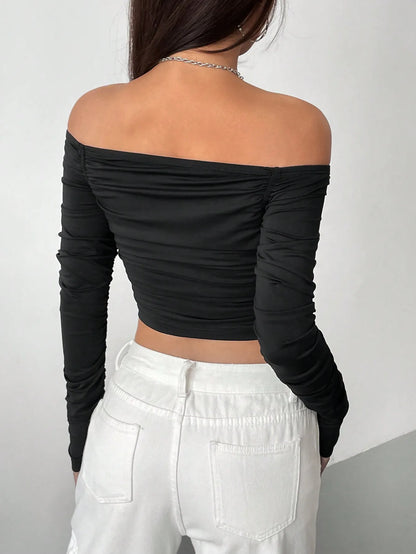 New line shoulder mesh long sleeve T-shirt women with slim-fit hottie sexy explosion street wear short top