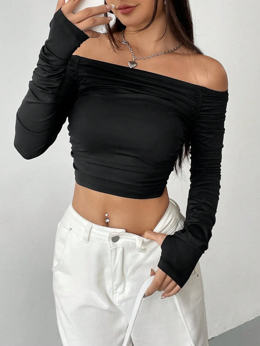 New line shoulder mesh long sleeve T-shirt women with slim-fit hottie sexy explosion street wear short top