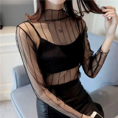 Sexy Women Mesh T-Shirts See-Through Perspective Tshirt  Sunscreen Tops Long Sleeve Bottoming Shirts Club Party Black Tee Shirts