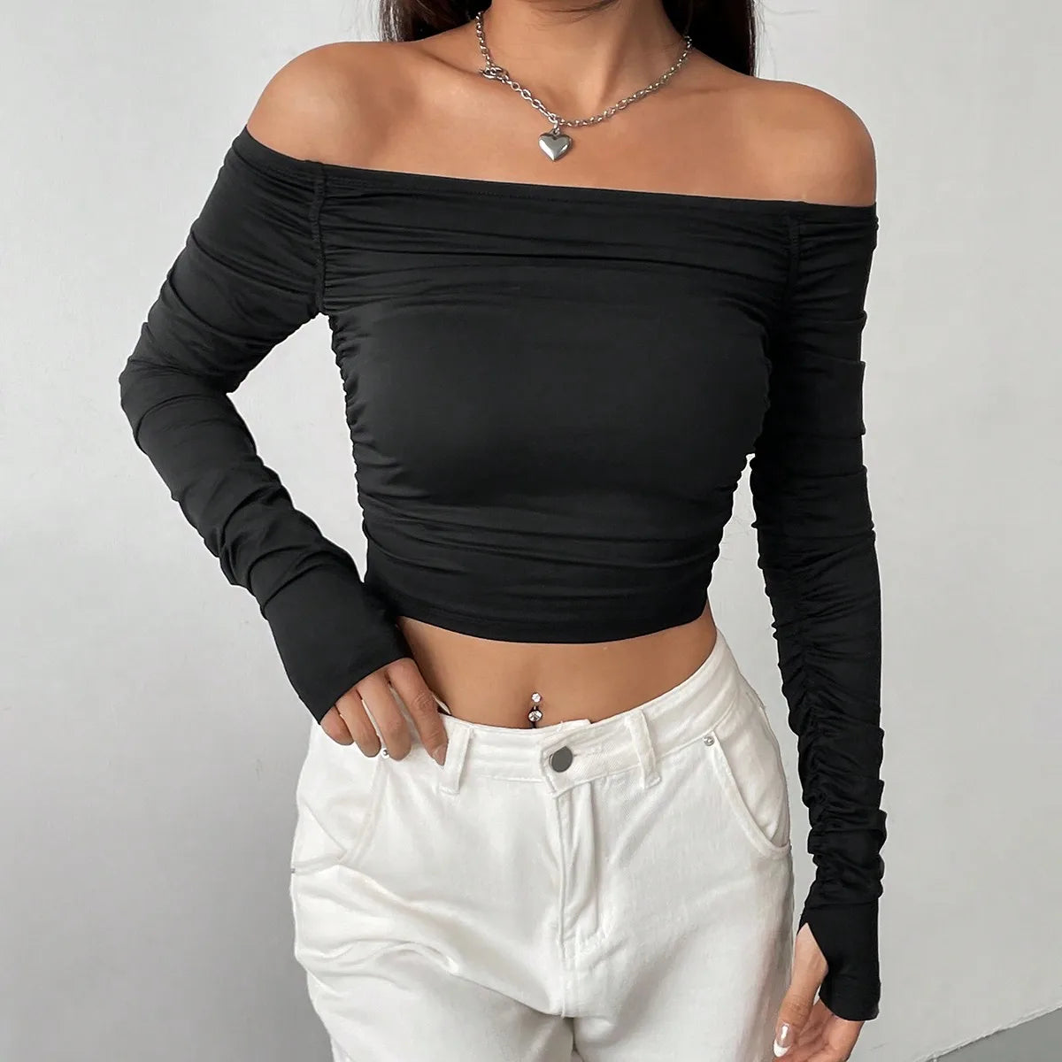 New line shoulder mesh long sleeve T-shirt women with slim-fit hottie sexy explosion street wear short top