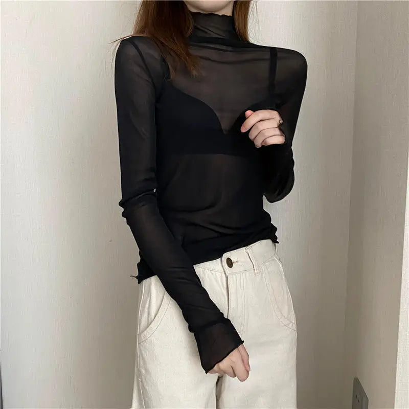 Sexy Women T Shirt See Through Transparent Mesh Tops Long Sleeve Sheer Slim Ladies Solid Turtleneck Silk T-Shirt Lace Crop Top