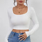 Slim fit short sexy top with exposed navel casual long sleeved solid color T-shirt square neck vest women's clothing