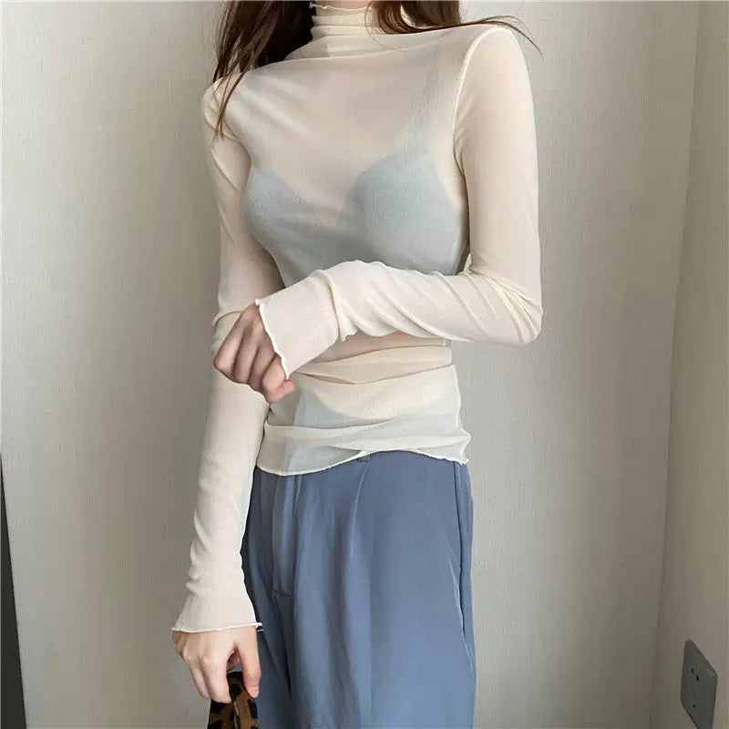 Sexy Women T Shirt See Through Transparent Mesh Tops Long Sleeve Sheer Slim Ladies Solid Turtleneck Silk T-Shirt Lace Crop Top