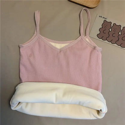 Women Winter Warm Underwear Solid Color Thermal Casual Nightwear Sexy Elasticity Female Thin Velvet T-shirt Sleeveless Tops