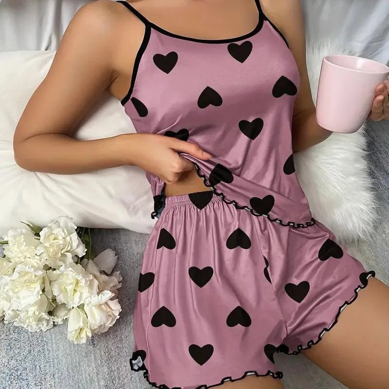 Women's Pajama Set Pajamas T-Shirts Shorts Pink Heart-Shaped Print Round Neck T-Shirt Ice Silk Top Comfortable Casual Summer ﻿