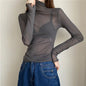 Sexy Women T Shirt See Through Transparent Mesh Tops Long Sleeve Sheer Slim Ladies Solid Turtleneck Silk T-Shirt Lace Crop Top