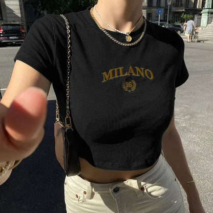 Women's T-shirt Clothese Short Sleeve Black Crop Top Harajuku Letter Embroidery T Shirt Female Summer Sexy O-Neck Cropped Tops