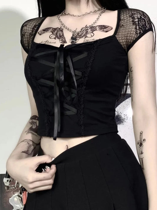 Vintage Tops Goth T-shirt Women Bodycon Bandage Lace Black T-shirts Gothic Streetwear Sexy Female Top Casual Mesh Tee