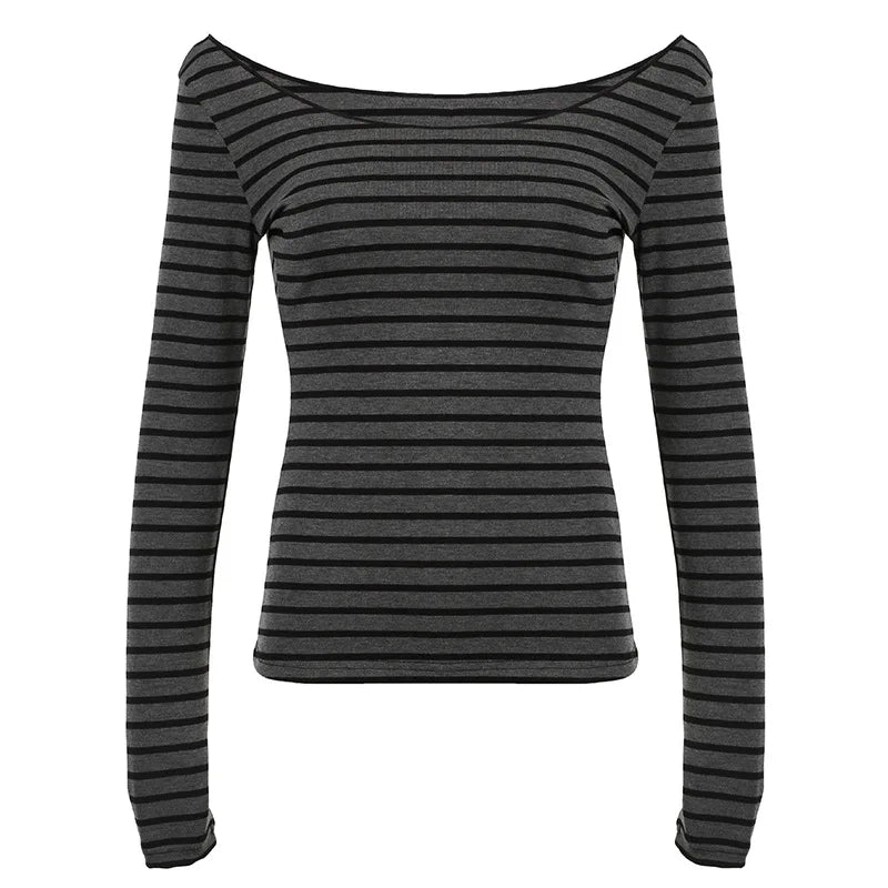 Spring Fall Women's New Japanese Basic Models Slim Long-Sleeved Striped t-Shirt Strapless Korean Street Style y2k Thin Tops